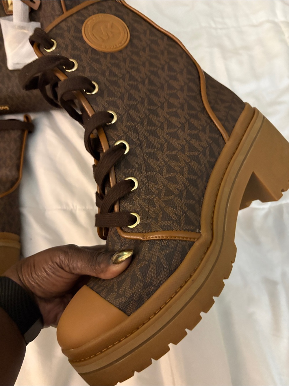 Michael Kors Brown Monogram Satchel and Lace-Up Heeled Boots - Picture 2 of 12